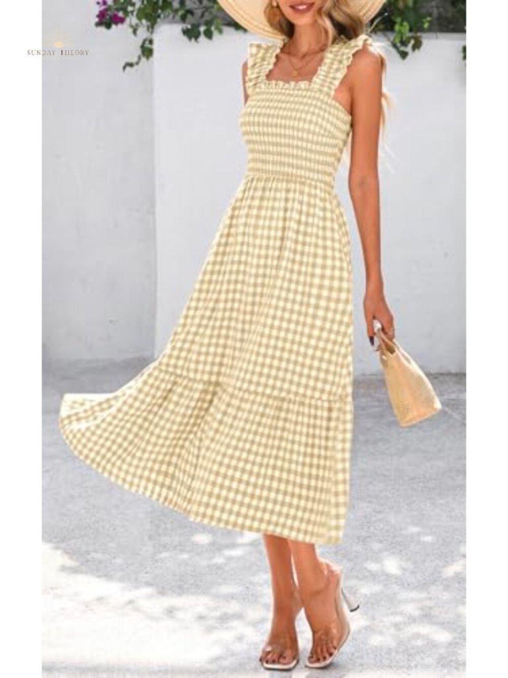 Women's Summer Midi Dress Ruffle Strap Square Neck Gingham Sundress - Picture 2 of 6